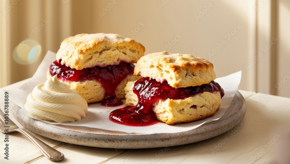 Fluffy scone filled with sweet strawberry jam and rich clotted cream served on a table Fluffy scone filled with sweet strawberry jam and rich clotted cream served on a table