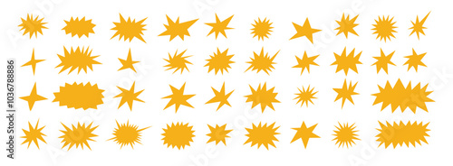 Starburst shapes set. Cute yellow collection of stars and sparkle doodle