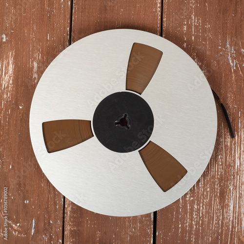 Music and sound - Front view closeup aluminum reel magnetic tapes