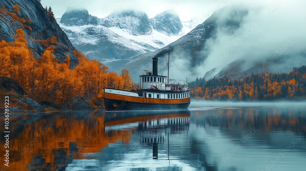 An old steamboat sailing on a calm lake, surrounded by mountains and forests An old steamboat sailing on a calm lake, surrounded by mountains and forests