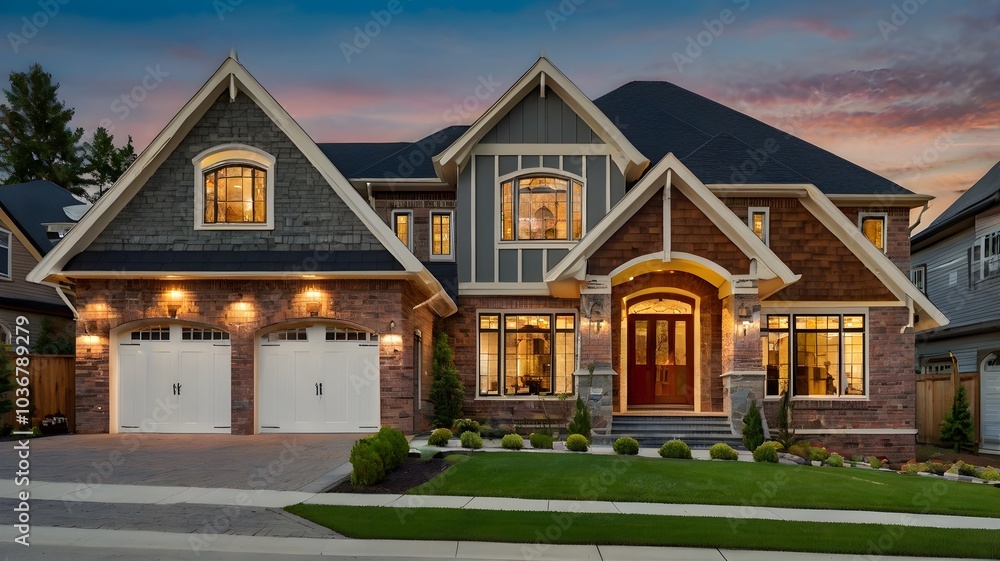Luxury house exterior with brick and siding trim and double garage. Luxury house exterior with brick and siding trim and double garage.