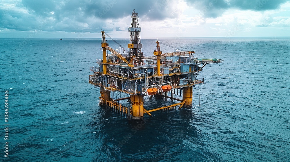 A large offshore oil rig stands in the ocean under a cloudy sky, showcasing industrial engineering. A large offshore oil rig stands in the ocean under a cloudy sky, showcasing industrial engineering.