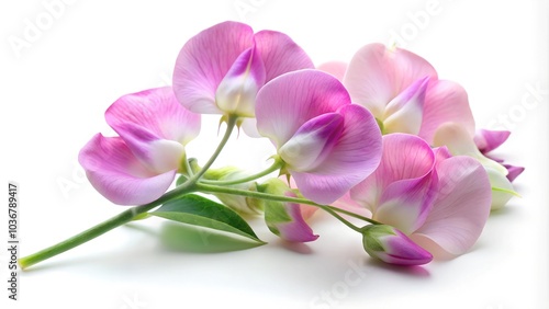 A delicate sweet pea flower on a white background, featuring its soft pink petals and fragrant blooms. photo