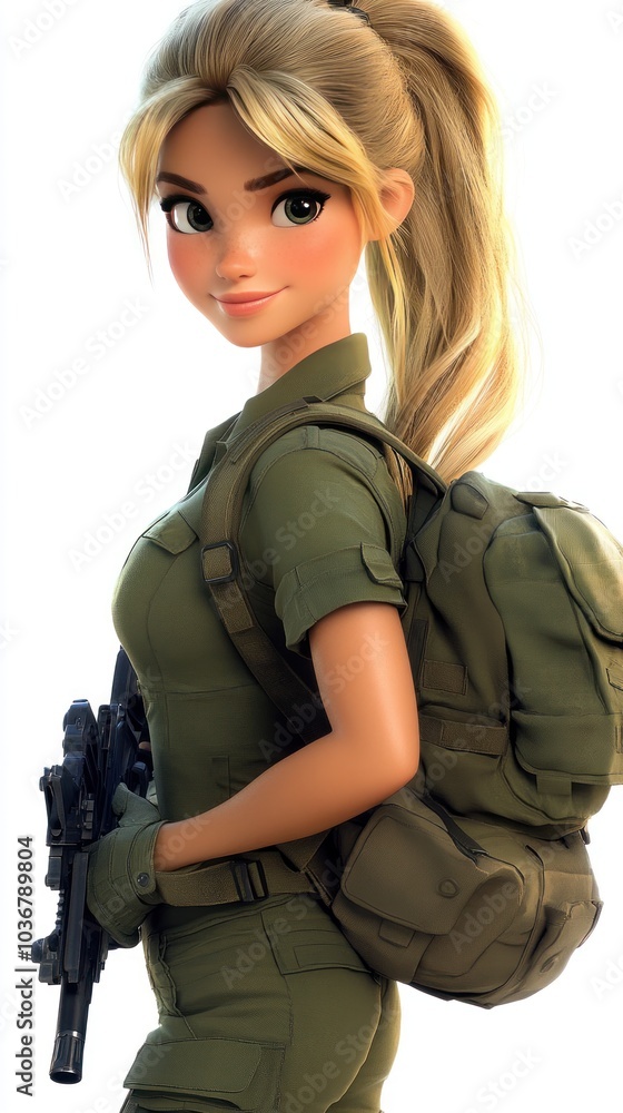 Blonde-haired woman in military gear, holding a gun and backpack. Blonde-haired woman in military gear, holding a gun and backpack.