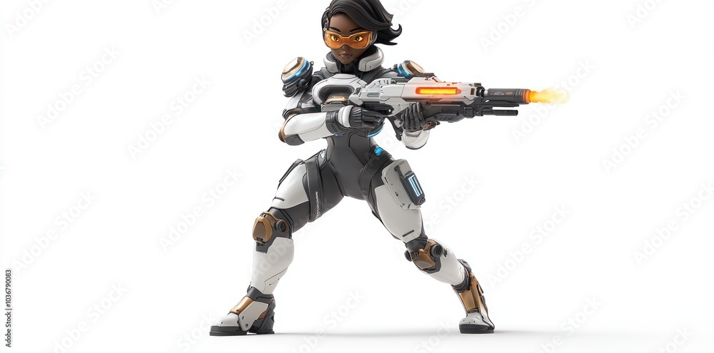 Female Video Game Character in Futuristic Armor Firing a Weapon