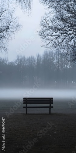 A solitary wooden bench sits amidst a misty park, surrounded by fog and bare trees, creating a tranquil and introspective atmosphere.