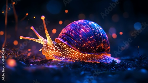 Enchanted Night Setting with Vibrant Neon Snail in Fantasy World Image photo