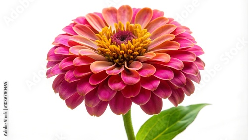 A vibrant zinnia flower on a white background, showcasing its bold colors and lush blooms.