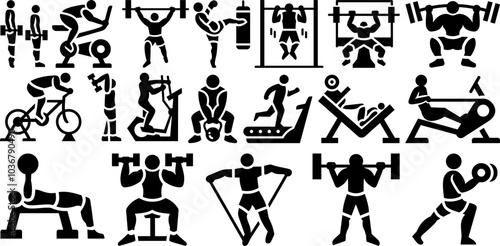 Weightlifting and Gym Equipment Icon Set - Silhouette Vector Illustrations of Strength Training, Cardio Machines, Dumbbells, and Fitness Activities. Ideal for Fitness Programs, Apps, and Gym Branding.