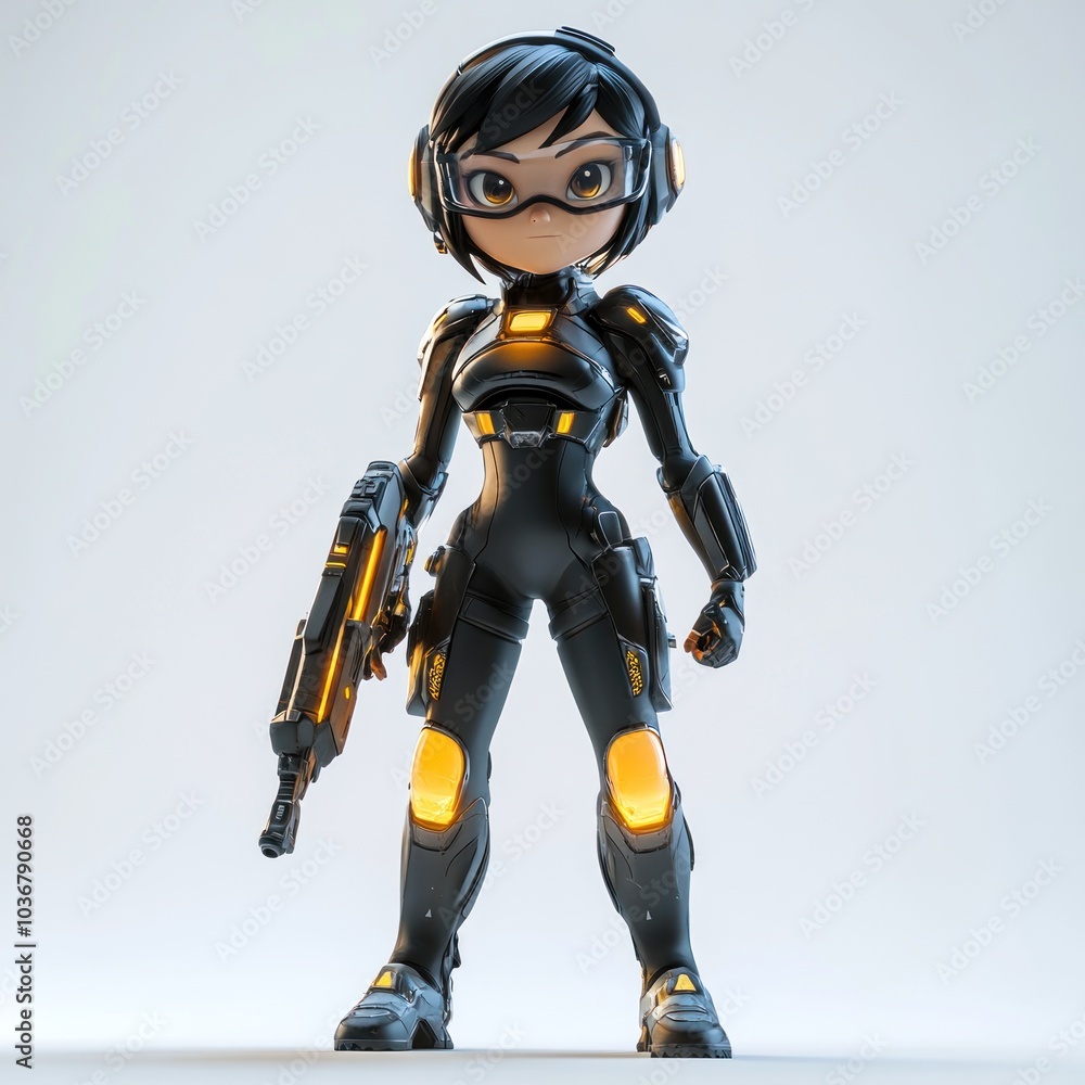 Futuristic Female Character in Black and Yellow Armor Holding a Weapon Futuristic Female Character in Black and Yellow Armor Holding a Weapon