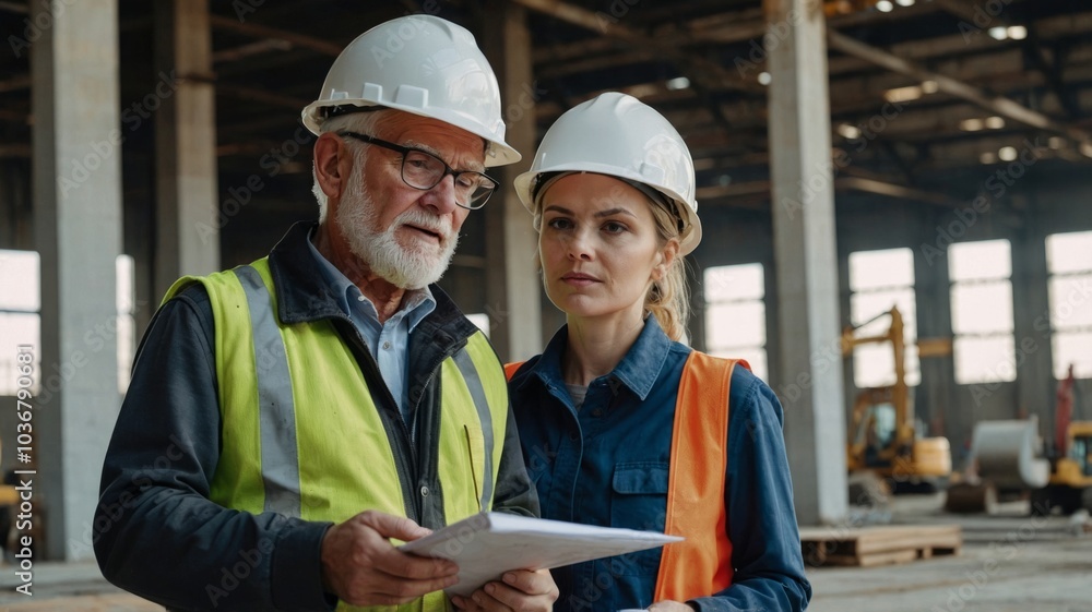 Construction Professionals Reviewing Blueprints at a Building Site