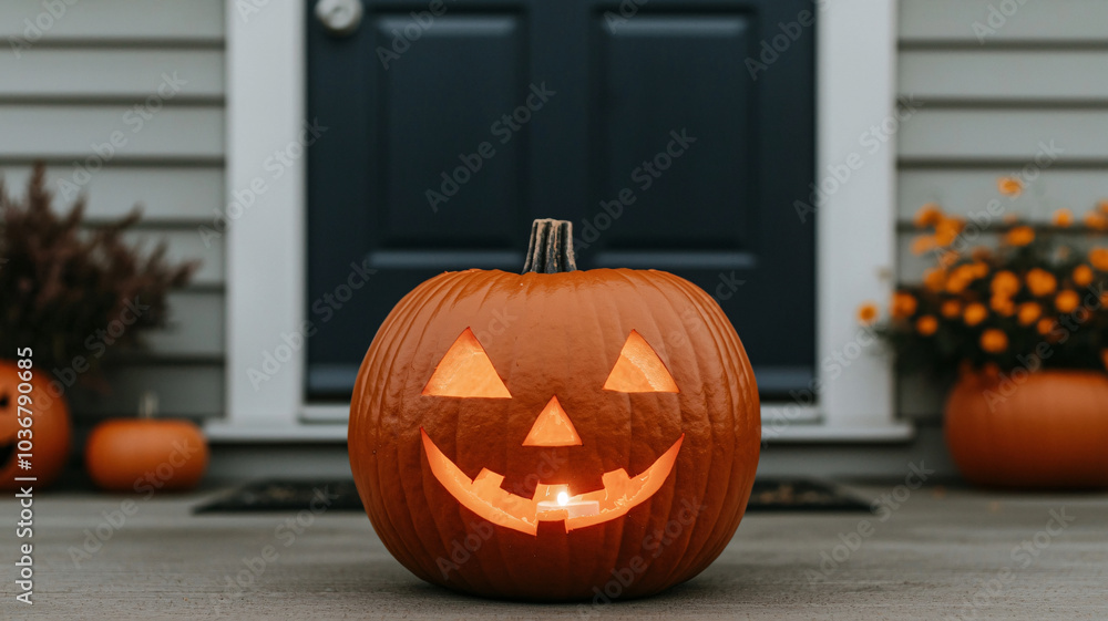 large glowing jack o lantern placed on porch, creating festive atmosphere large glowing jack o lantern placed on porch, creating festive atmosphere