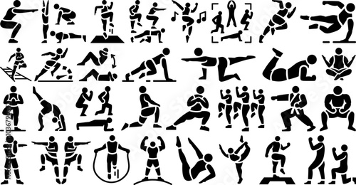 Fitness and Workout Icons Vector Set - Silhouette Figures Engaged in Various Exercises, Training, Yoga, Cardio, Boxing, and Dance. Perfect for Fitness Apps, Websites, and Gym Branding.
