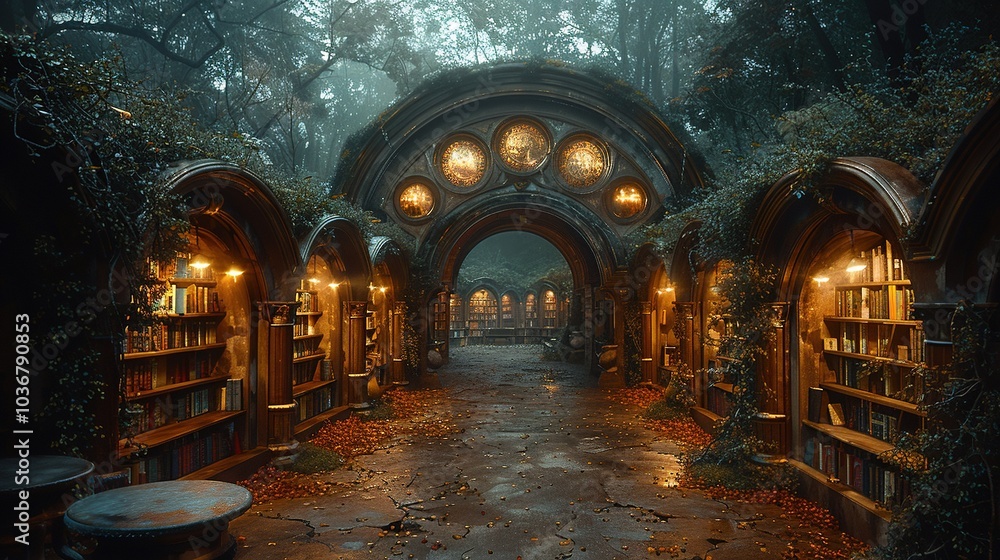 Fototapeta premium A mystical library path surrounded by nature, illuminated by warm lights.