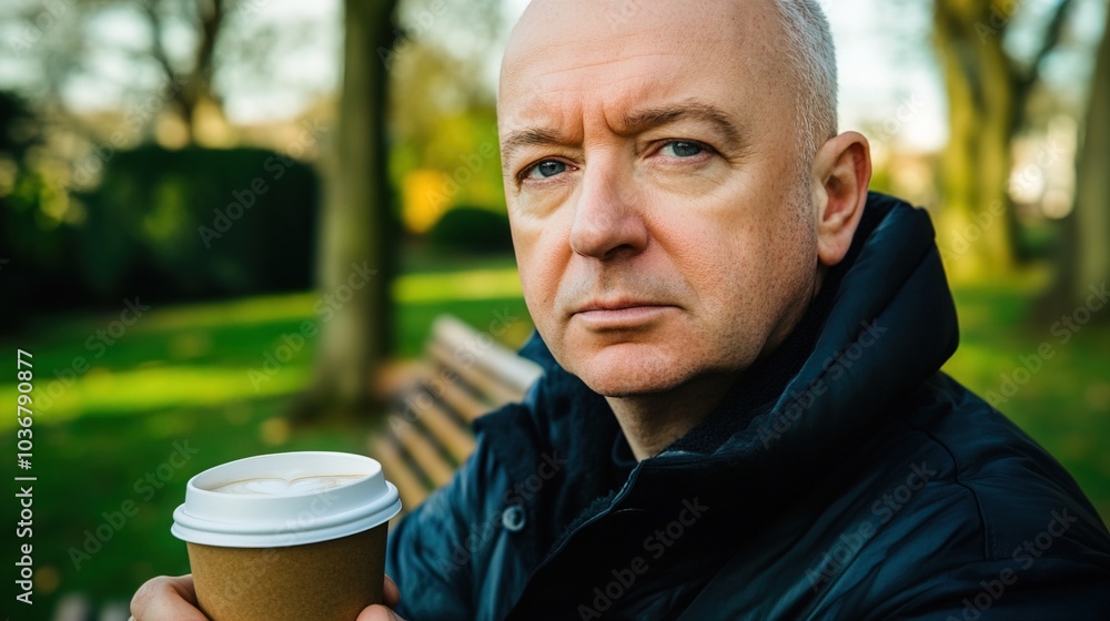 Middle-aged man with slight tremor holding cup of coffee on park bench, symbolizing struggle with Parkinson's disease, calm natural setting. Middle-aged man with slight tremor holding cup of coffee on park bench, symbolizing struggle with Parkinson's disease, calm natural setting.