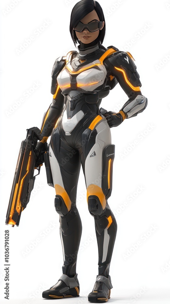 Futuristic Female Warrior in Black and Yellow Armor Holding a Weapon Futuristic Female Warrior in Black and Yellow Armor Holding a Weapon