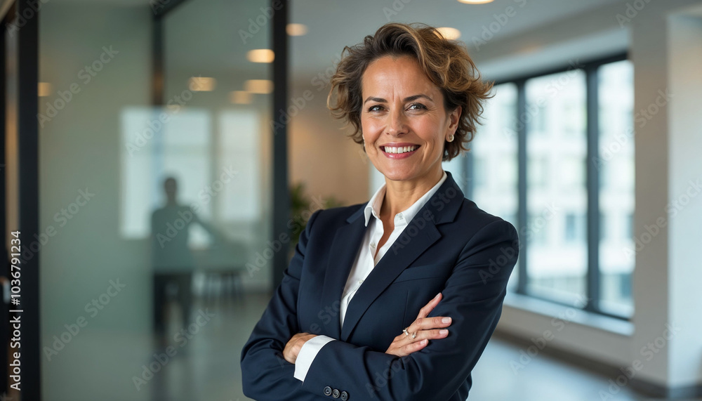 Happy cheerful 45 year old Latin professional mid aged business woman corporate leader, smiling positive mature female executive manager standing in office arms crossed looking at camera, Happy cheerful 45 year old Latin professional mid aged business woman corporate leader, smiling positive mature female executive manager standing in office arms crossed looking at camera,