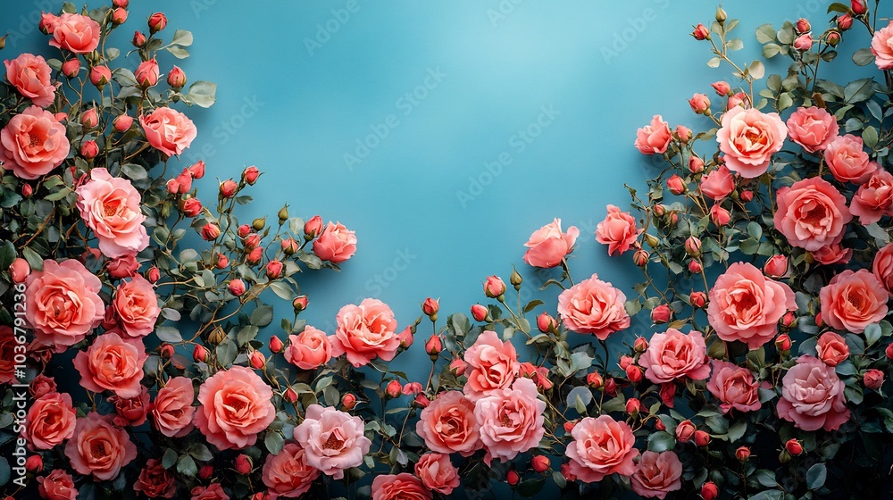 Exquisite border of blooming roses in full spring glory set against a tranquil blue sky with flowering rose hips artfully arranged for a dreamy effect providing ample space for creative text Exquisite border of blooming roses in full spring glory set against a tranquil blue sky with flowering rose hips artfully arranged for a dreamy effect providing ample space for creative text