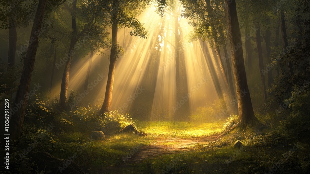 Obraz premium Sunbeams Illuminating a Forest Path