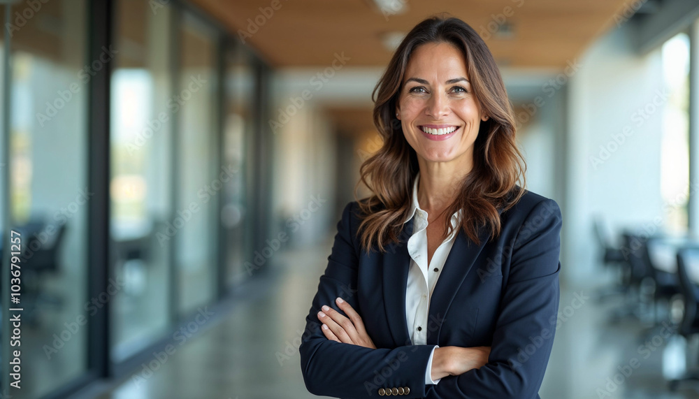 Happy cheerful 45 year old Latin professional mid aged business woman corporate leader, smiling positive mature female executive manager standing in office arms crossed looking at camera, Happy cheerful 45 year old Latin professional mid aged business woman corporate leader, smiling positive mature female executive manager standing in office arms crossed looking at camera,