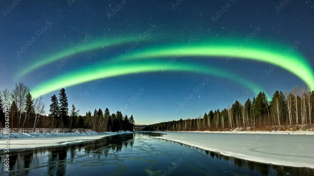 Panoramic View of Northern Lights Over Frozen River Panoramic View of Northern Lights Over Frozen River