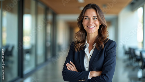 Happy cheerful 45 year old Latin professional mid aged business woman corporate leader, smiling positive mature female executive manager standing in office arms crossed looking at camera,