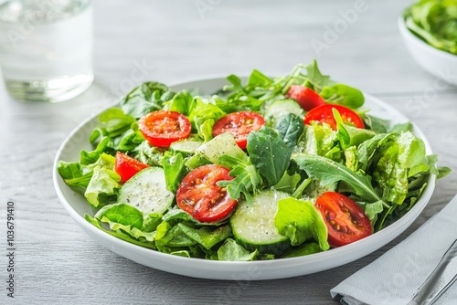 A fresh salad featuring leafy greens, tomatoes, and cucumbers, served in a white bowl on a wooden table, alongside a glass of water.