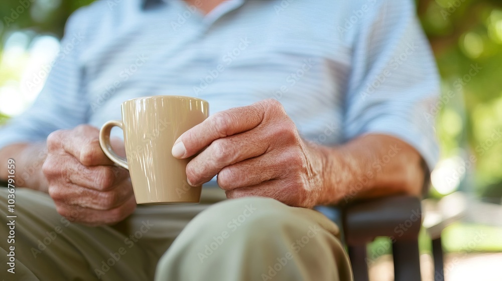 Middle-aged man with slight tremor holding cup of coffee on park bench, symbolizing struggle with Parkinson's disease, calm natural setting. Middle-aged man with slight tremor holding cup of coffee on park bench, symbolizing struggle with Parkinson's disease, calm natural setting.