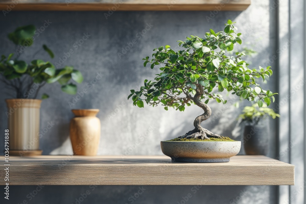 minimalist home decor, a bonsai tree displayed on a slim shelf in a trendy monochromatic home office adorned with artistic decor and room for text minimalist home decor, a bonsai tree displayed on a slim shelf in a trendy monochromatic home office adorned with artistic decor and room for text