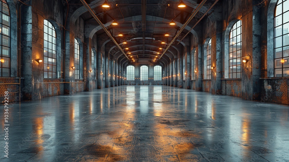 Fototapeta premium A spacious industrial hall with large windows and reflective flooring, ideal for events or gatherings.
