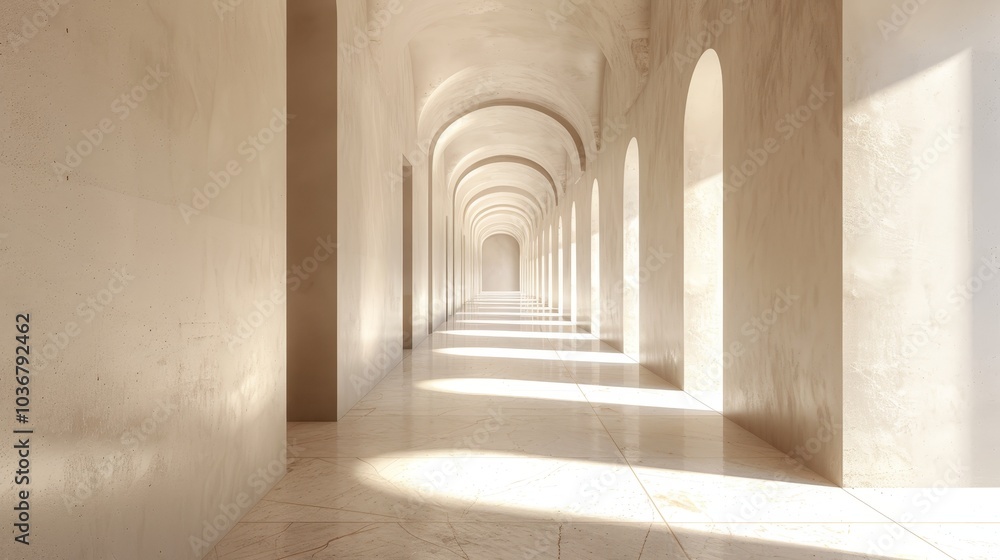 Abstract architectural design showcasing infinite corridors and central courtyards in soft light Abstract architectural design showcasing infinite corridors and central courtyards in soft light