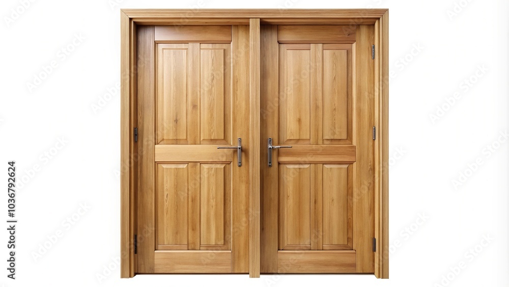 High angle view of double wooden door isolated on white background High angle view of double wooden door isolated on white background