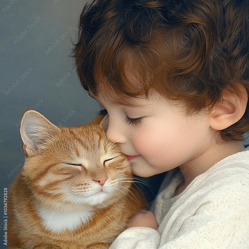 Young boy with short brown hair is embracing a serene ginger cat, their cheeks touching in a display of affection and tranquility; adorable child and lovely pet