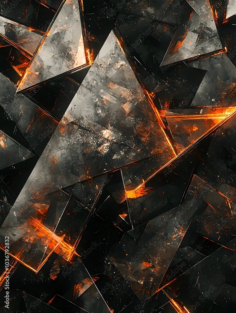 Fototapeta premium An abstract composition of sharp, fragmented glass-like shapes illuminated by fiery orange hues, creating a dramatic contrast against a dark background.