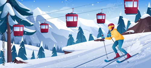 Winter mountain landscape. Vector illustration of ski resort with skiing woman man, snowy hills, pines, ski track, funicular, snowboard. Outdoor holiday activity. Winter skiing and snowboarding sport