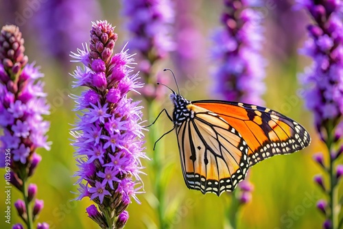 Macro monarch butterfly pollinating purple prairie blazing star flower in garden photo