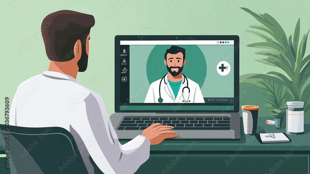 Doctor attending online consultation with patient at home using laptop Doctor attending online consultation with patient at home using laptop
