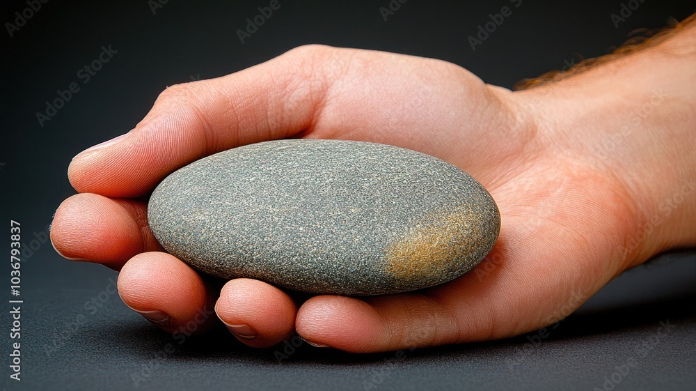 A hand holding a smooth, oval stone. A hand holding a smooth, oval stone.