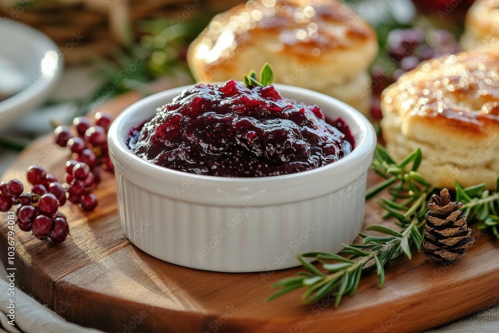 food styling, artfully presented blackberry jam in a vintage ramekin on a wooden board with homemade scones and rustic holiday decor food styling, artfully presented blackberry jam in a vintage ramekin on a wooden board with homemade scones and rustic holiday decor