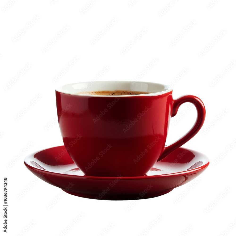 Elegant Red Coffee Cup with Saucer Containing Fresh Brewed Coffee Elegant Red Coffee Cup with Saucer Containing Fresh Brewed Coffee