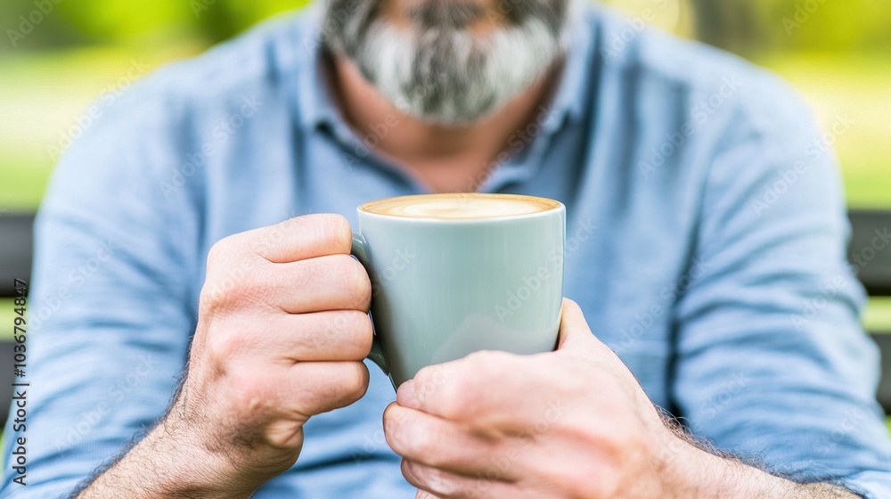 Middle-aged man with slight tremor holding cup of coffee on park bench, symbolizing struggle with Parkinson's disease, calm natural setting. Middle-aged man with slight tremor holding cup of coffee on park bench, symbolizing struggle with Parkinson's disease, calm natural setting.