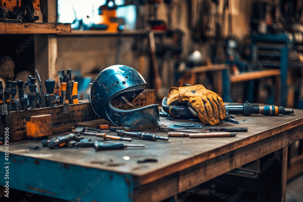 A collection of welding tools, gloves, and a helmet is arranged on a wooden workbench in a busy workshop, showcasing the essential gear for metalworking activities. A collection of welding tools, gloves, and a helmet is arranged on a wooden workbench in a busy workshop, showcasing the essential gear for metalworking activities.