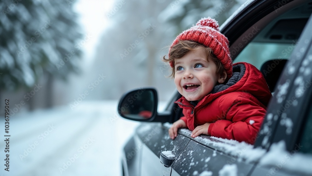 Joyful Boy Watching Snowfall from Car Window: Perfect for Winter Holiday Ads and Family Travel Promotions Joyful Boy Watching Snowfall from Car Window: Perfect for Winter Holiday Ads and Family Travel Promotions