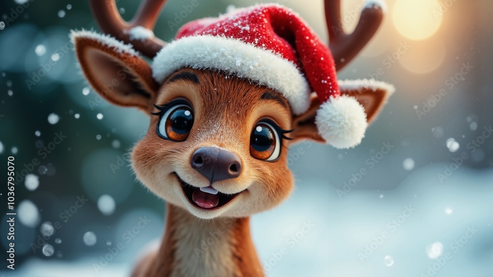 Cheerful Christmas Reindeer with Red Cap: Perfect for Holiday Marketing, Greeting Cards, and Festive Campaigns Cheerful Christmas Reindeer with Red Cap: Perfect for Holiday Marketing, Greeting Cards, and Festive Campaigns