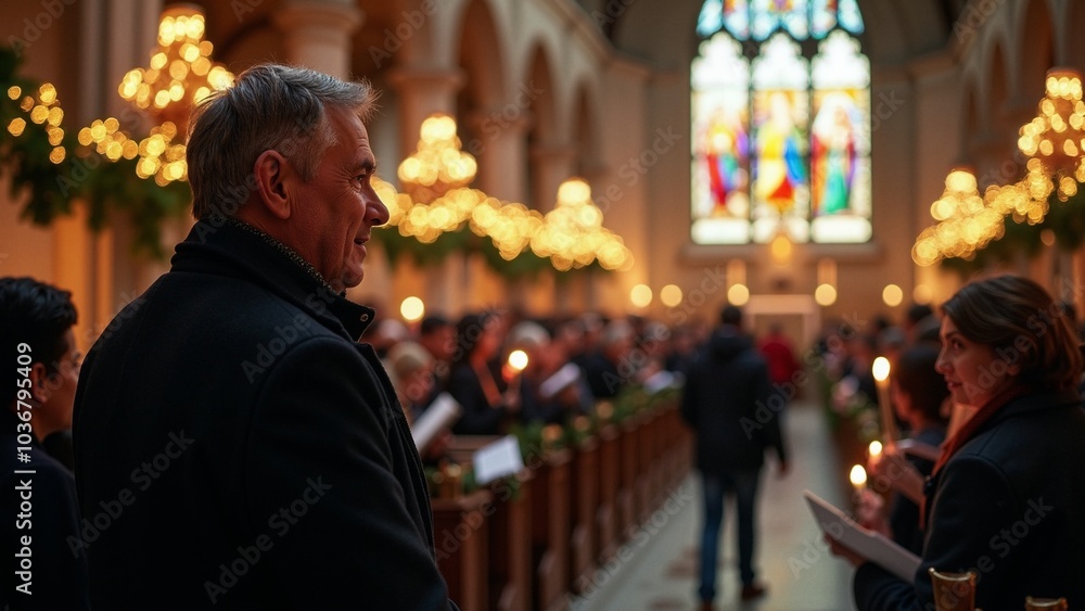 Diverse Christmas Eve Congregation: Middle-Aged Man Welcomes Community to Festively Decorated Church Diverse Christmas Eve Congregation: Middle-Aged Man Welcomes Community to Festively Decorated Church