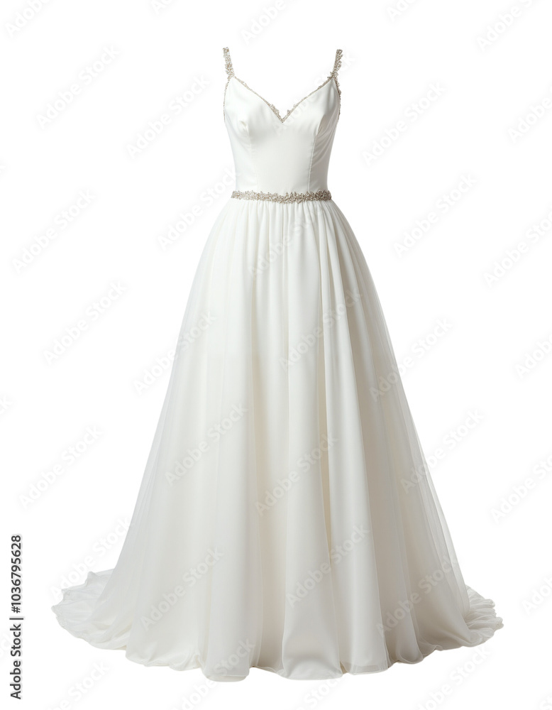 Elegant White Wedding Dress with Spaghetti Straps and Flowing Skirt Elegant White Wedding Dress with Spaghetti Straps and Flowing Skirt