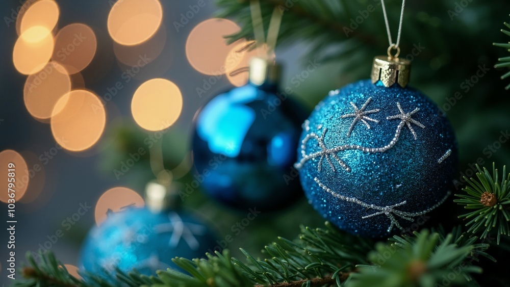Elegant Blue Christmas Baubles on Fir Tree: Perfect for Holiday Marketing, Greeting Cards, and Festive Decor Ideas Elegant Blue Christmas Baubles on Fir Tree: Perfect for Holiday Marketing, Greeting Cards, and Festive Decor Ideas