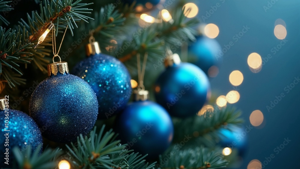 Elegant Blue Christmas Baubles on Fir Tree: Perfect for Holiday Marketing, Greeting Cards, and Festive Decor Ideas Elegant Blue Christmas Baubles on Fir Tree: Perfect for Holiday Marketing, Greeting Cards, and Festive Decor Ideas