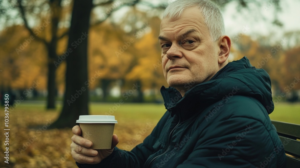 Middle-aged man with slight tremor holding cup of coffee on park bench, symbolizing struggle with Parkinson's disease, calm natural setting. Middle-aged man with slight tremor holding cup of coffee on park bench, symbolizing struggle with Parkinson's disease, calm natural setting.