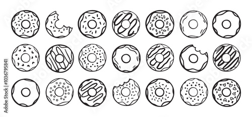 Doodle donuts set. hand drawn outline donut icons. Collection of cute doughnuts. Donut Doodles Sketch of cute donuts.